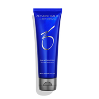 Blue tube of Zo Skin Health Dual Action Scrub on a white background