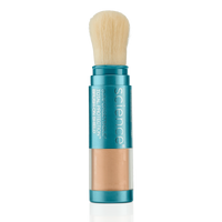 Brush-on SPF with a blue handle and clear casing on a white background
