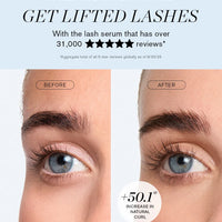 Advertisement for Revitalash Advanced lash serum showing before and after effects on eyelashes.