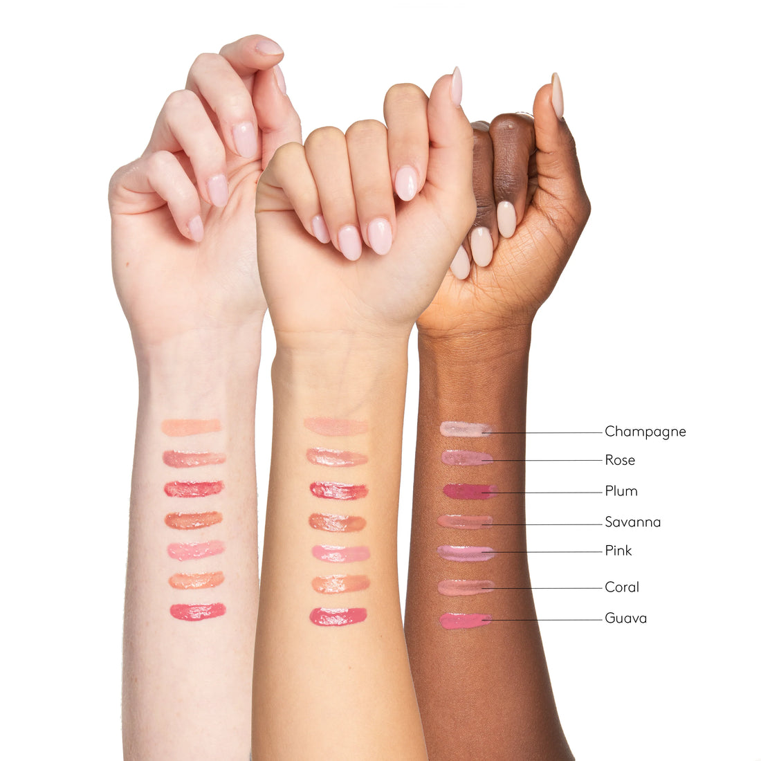 Three hands with different skin tones displaying various lip color swatches on a white background.