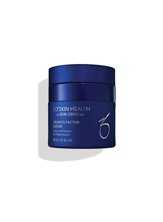 Blue jar of ZO Skin Health Growth Factor Serum on a white background