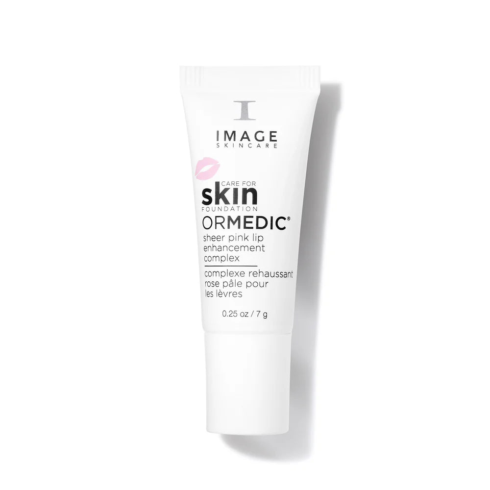 A white squeeze tube of Image Skincare Ormedic Sheer Pink Lip Enhancement Complex, featuring black text and a small pink lips graphic, set against a clean white background with a soft shadow.
