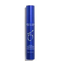 Blue skincare serum bottle with brand logo on a white background
