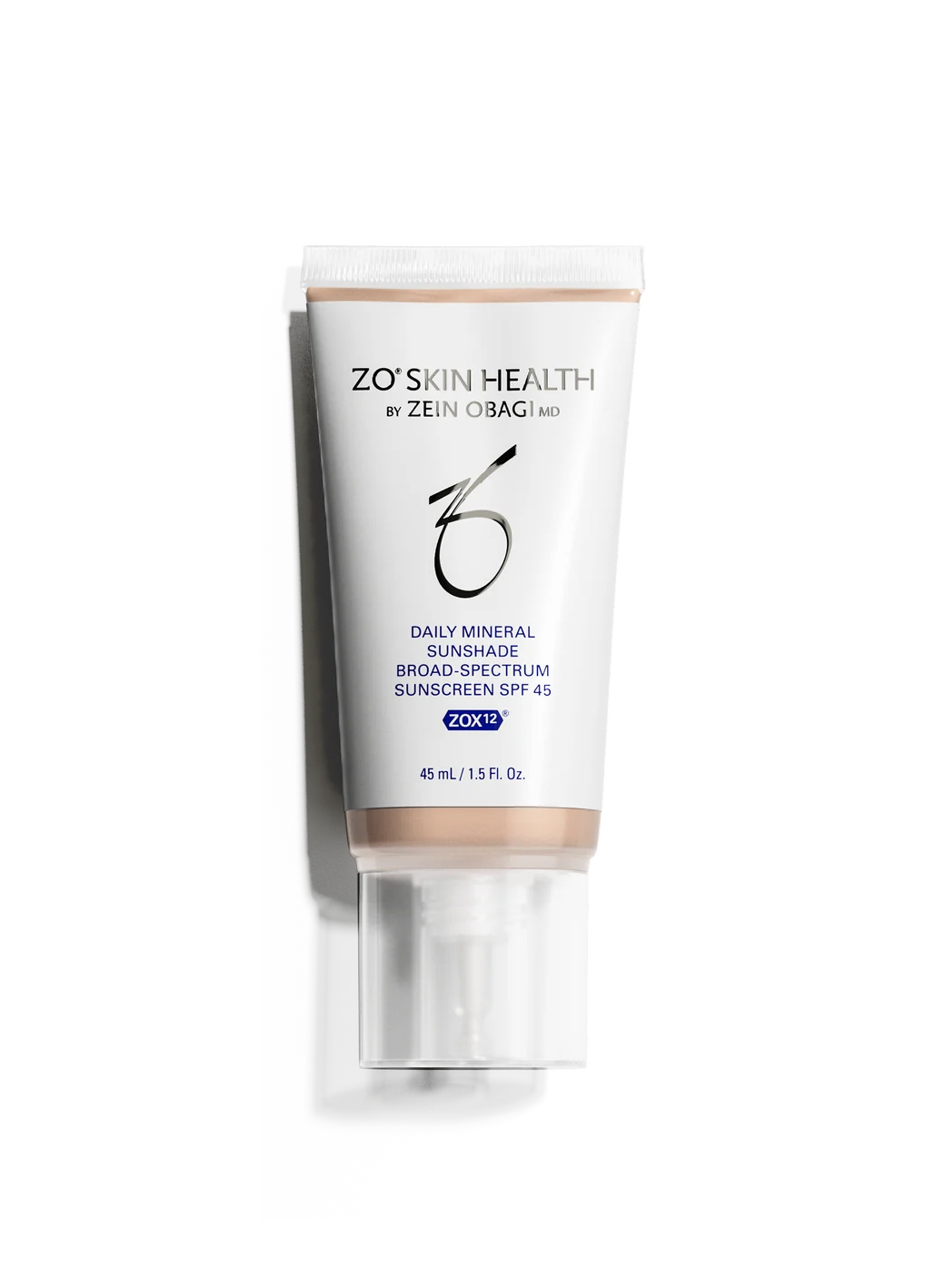 ZO'S Skin Health by Zein Obagi Daily Mineral Sunshade Broad-Spectrum Sunscreen SPF 45 in Color 00, shown in a white squeeze tube with a clear cap on a white background.