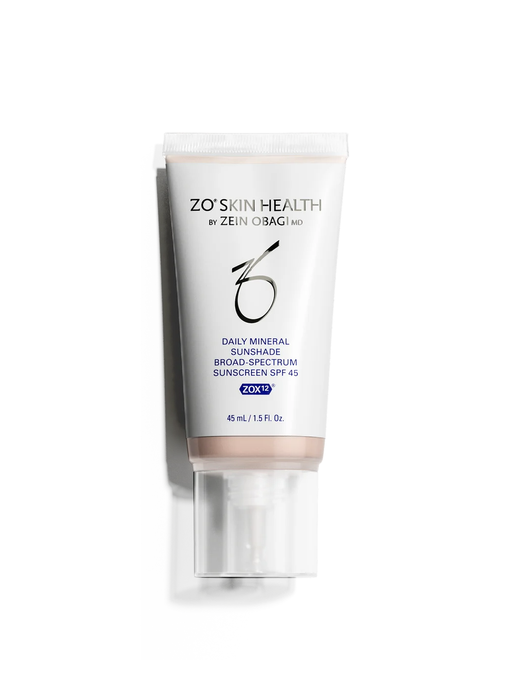 ZO'S Skin Health by Zein Obagi Daily Mineral Sunshade Broad-Spectrum Sunscreen SPF 45 shown in a white squeeze tube with a clear cap on a white background.