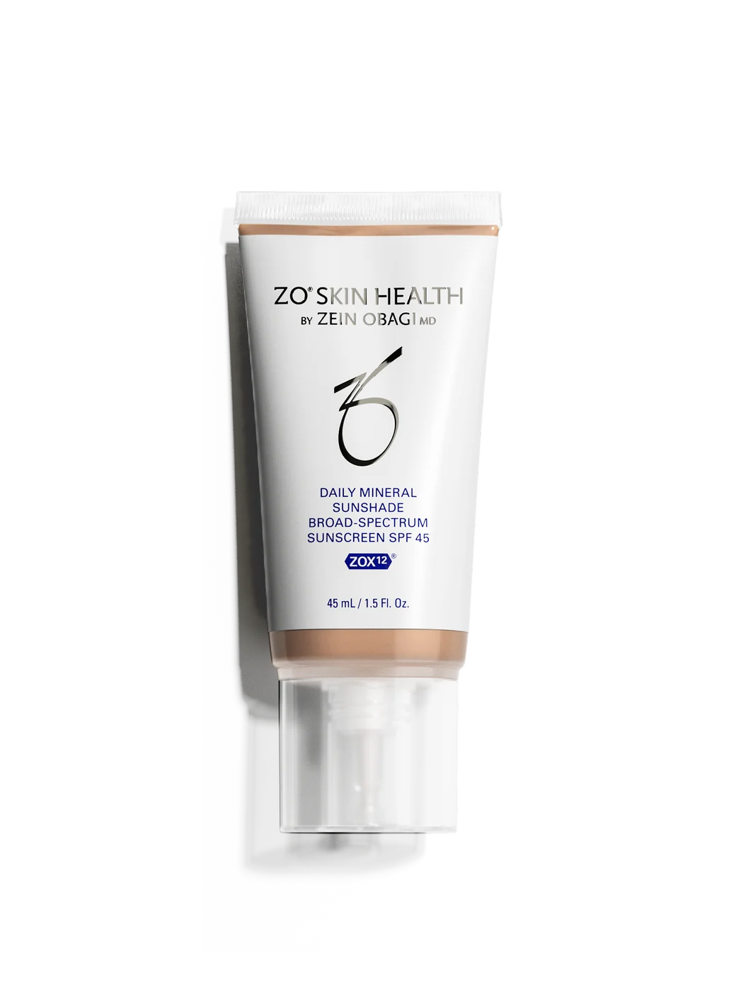ZO'S Skin Health by Zein Obagi Daily Mineral Sunshade Broad-Spectrum Sunscreen SPF 45 in Color 00, shown in a white squeeze tube with a clear cap on a white background.