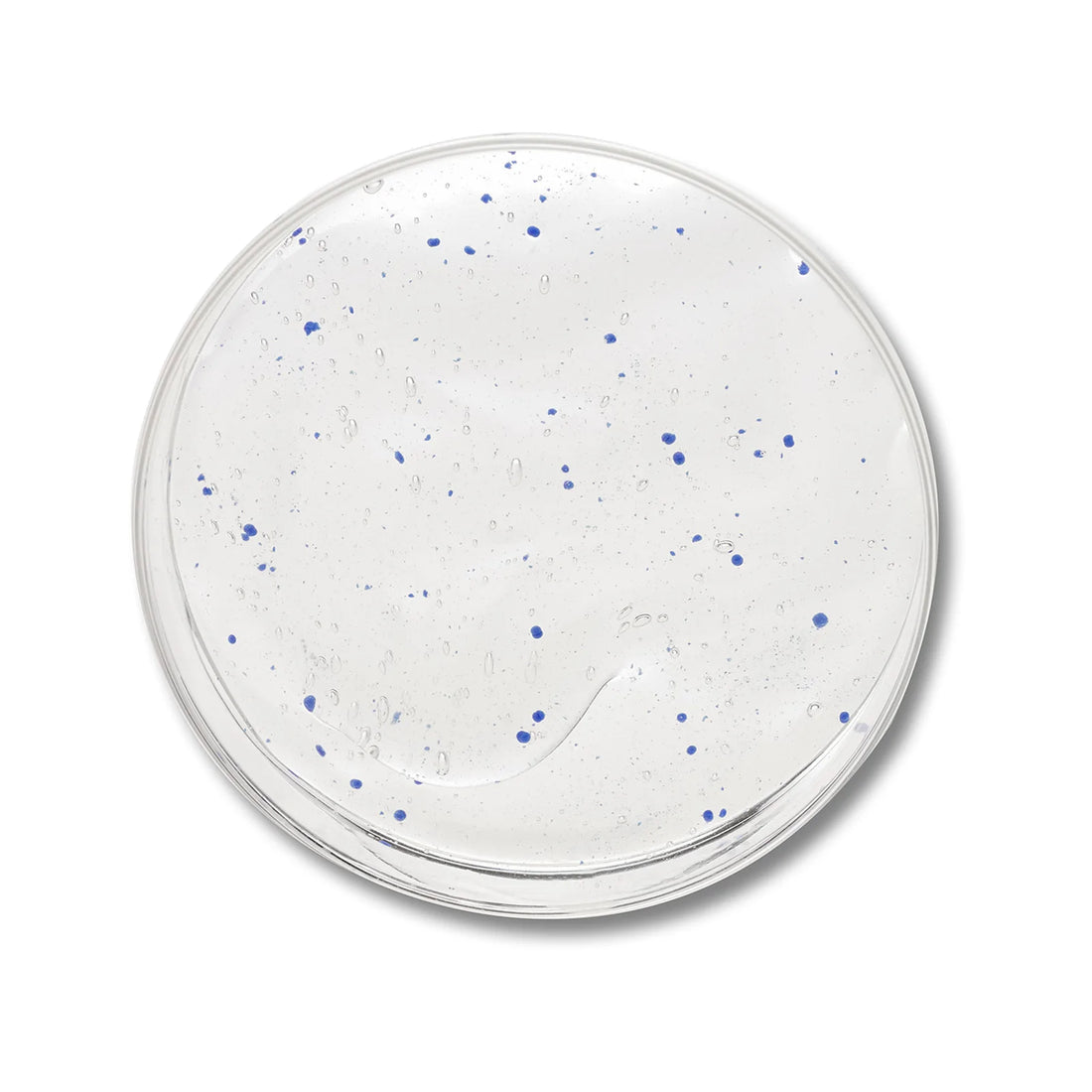 A round, clear plastic tub filled with a translucent white gel  with small blue dots, shown from a top-down view on a white background.