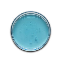A top-down view of a clear circular dish containing light blue gentle cleanser gel isolated on a white background.
