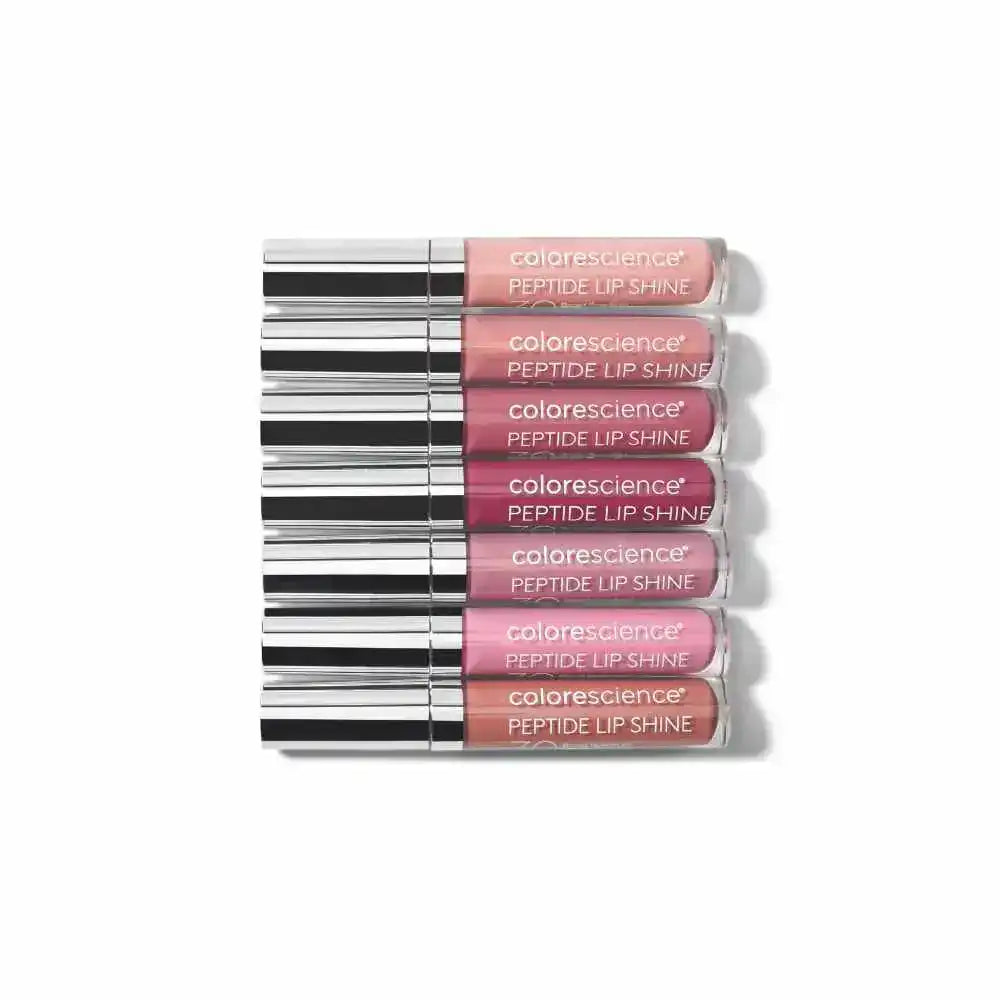 Set of Colorescience Peptide Lip Shine lip glosses on a white background