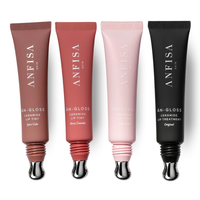 Four Anfisa Skin lip treatment tubes in a row on a white background: two matte lip tint tubes in warm brown and dusty rose, one matte lip treatment tube in pale pink, and one black lip treatment tube.