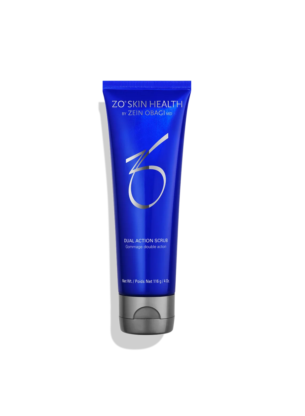 Blue tube of Zo Skin Health Dual Action Scrub on a white background