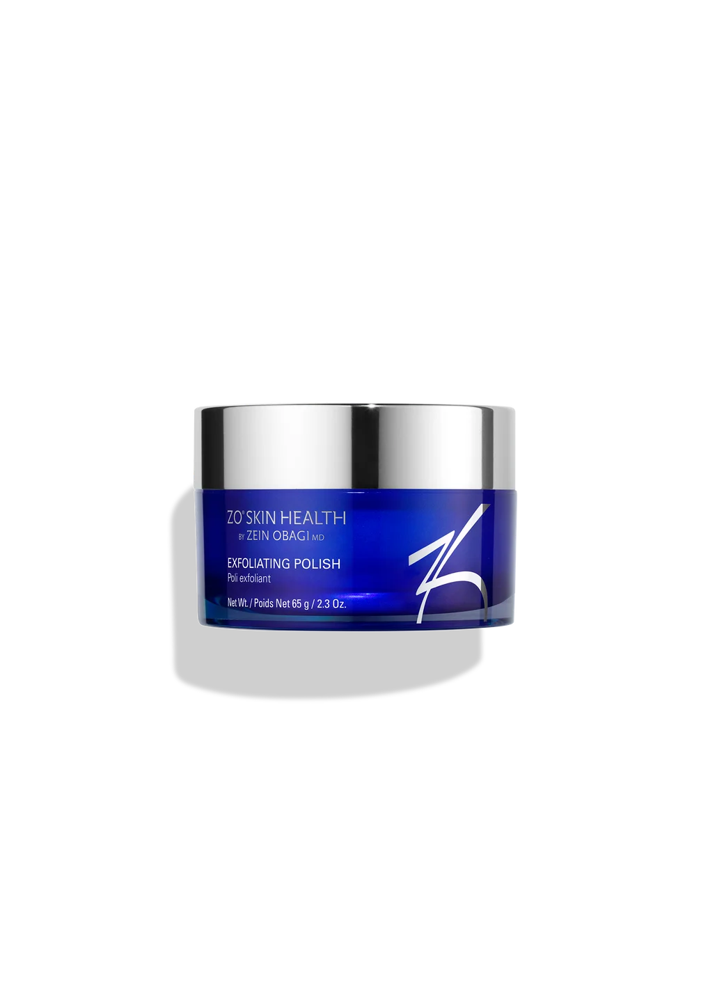Exfoliating polish jar with blue label on a white background