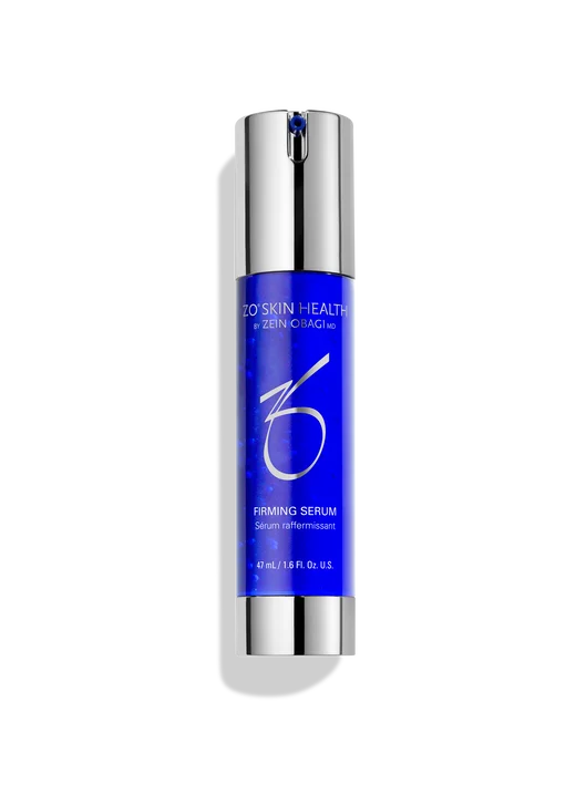 Skincare serum bottle with blue label and silver cap on a white background