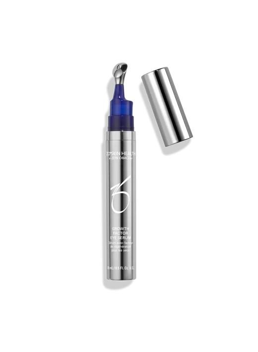 Silver eye serum bottle with blue applicator on a white background