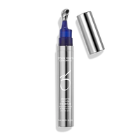 Silver eye serum bottle with blue applicator on a white background