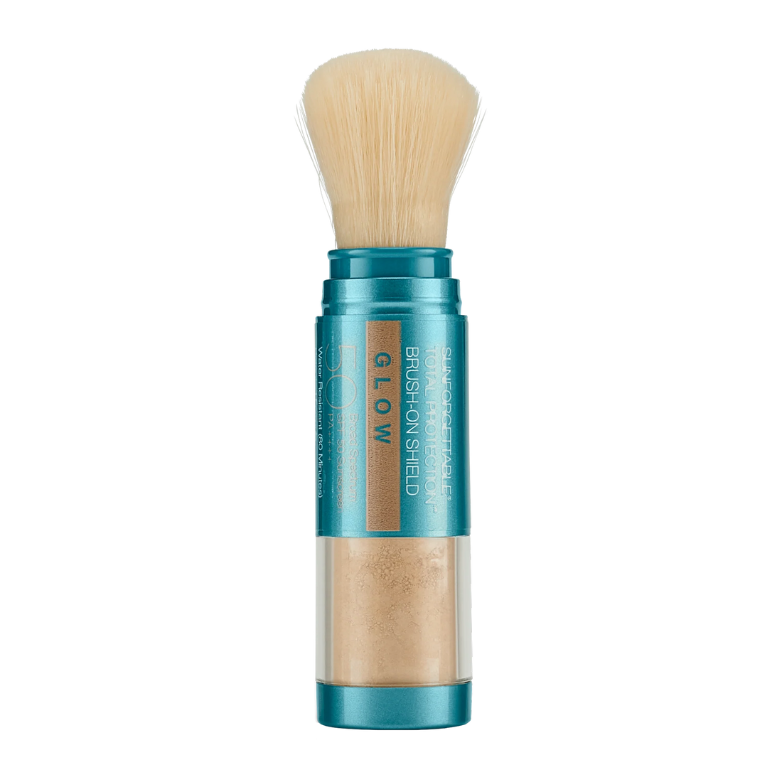Brush-on SPF with blue handle and beige bristles on a white background