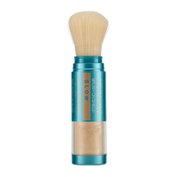 Brush-on SPF with blue handle and beige bristles on a white background