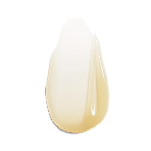 A smooth, teardrop-shaped smear of creamy, translucent cosmetic product in a warm light beige shade, set against a solid white background.