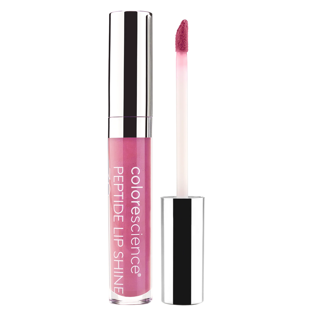 Colorscience Peptide Lip Shine with pink lip gloss and silver applicator on a white background