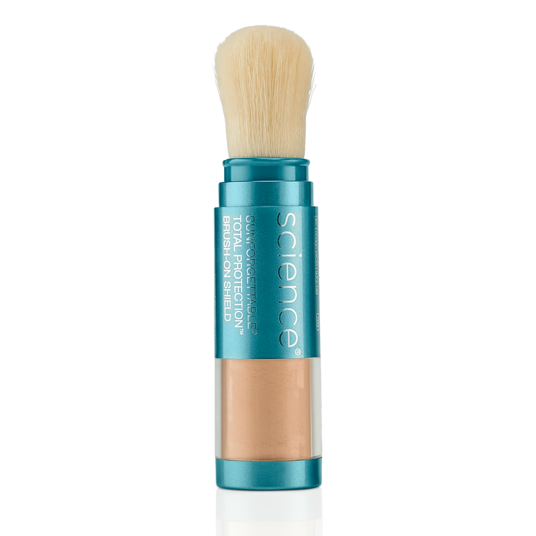 Brush-on SPF with a blue handle and clear casing on a white background
