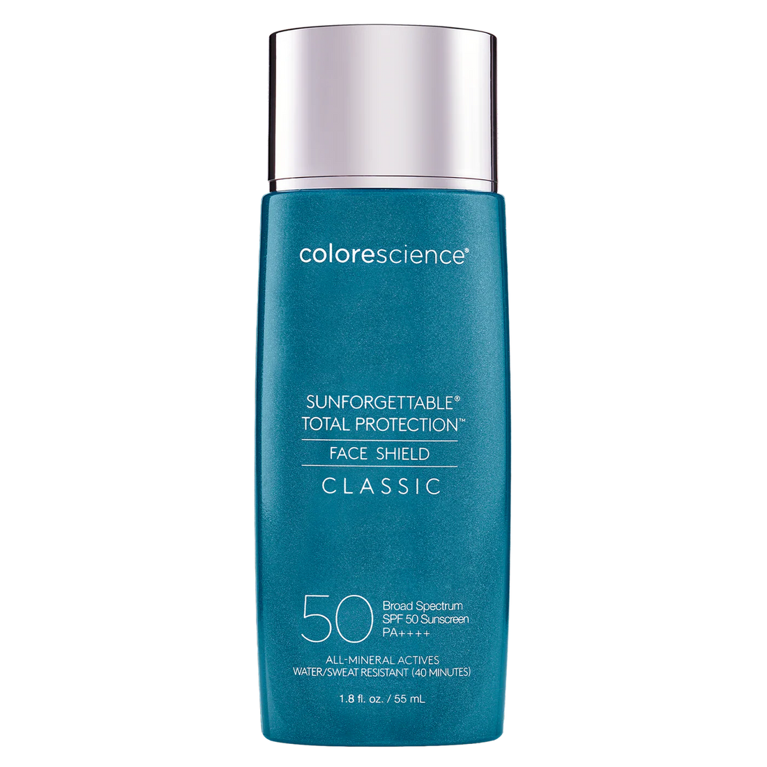 Blue bottle of SPF with silver cap