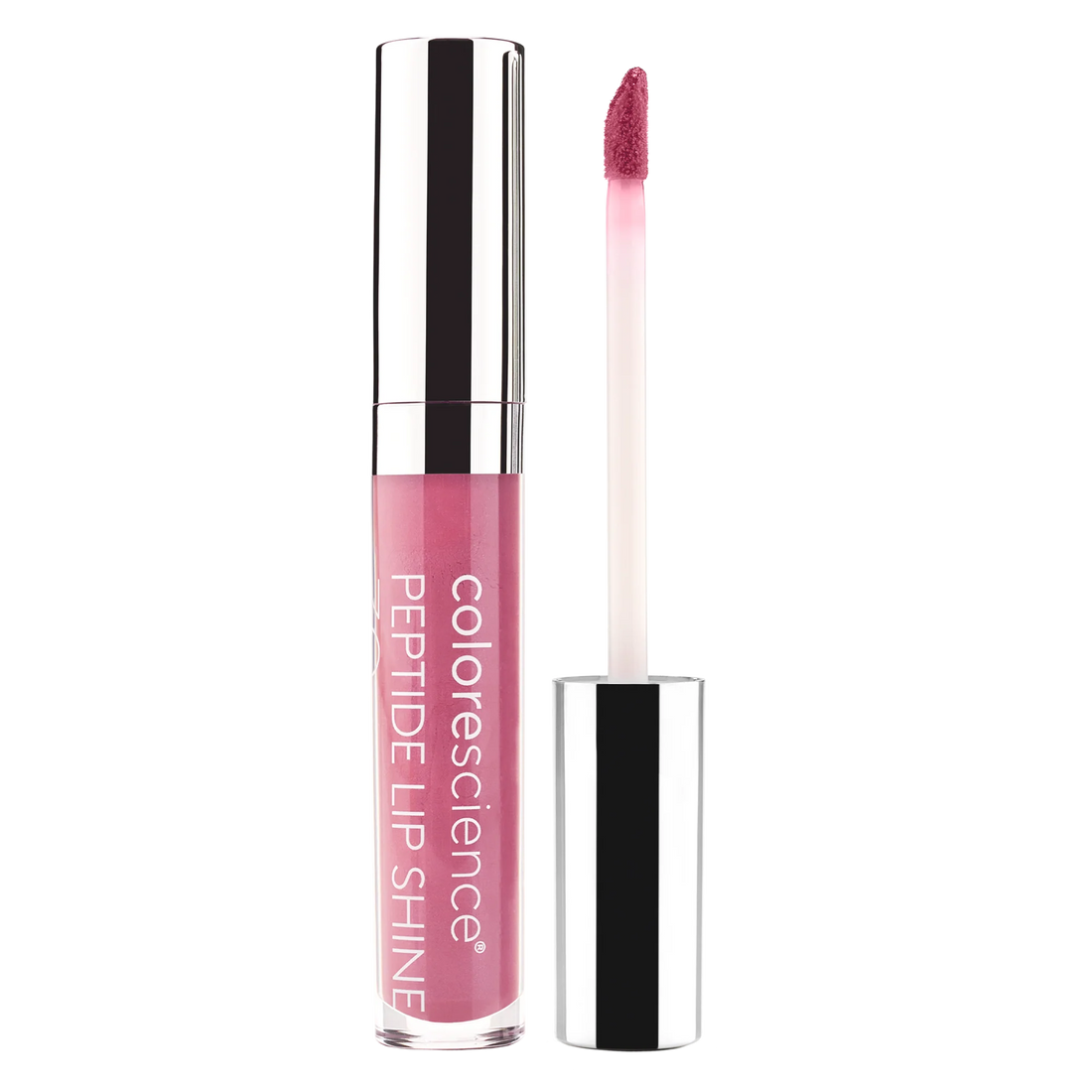 Colorscience Peptide Lip Shine with pink lip gloss and silver applicator on a white background