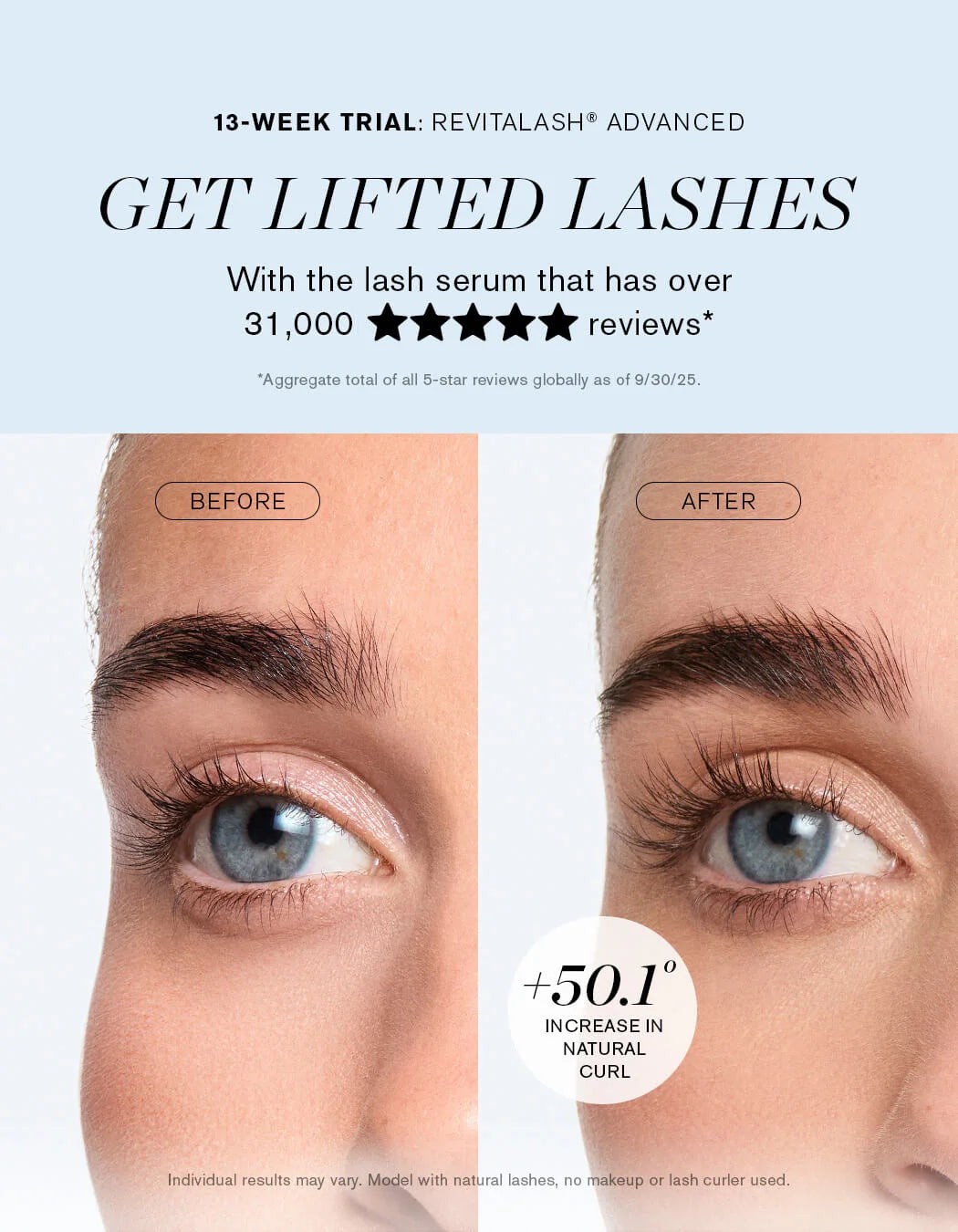 Advertisement for Revitalash Advanced lash serum showing before and after effects on eyelashes.