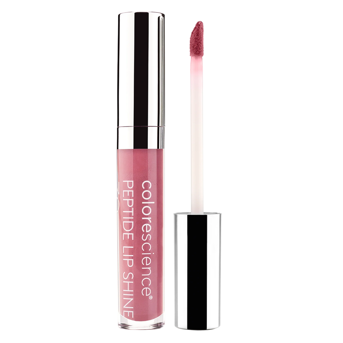 Colorscience Peptide Lip Shine with pink lip gloss and silver applicator on a white background