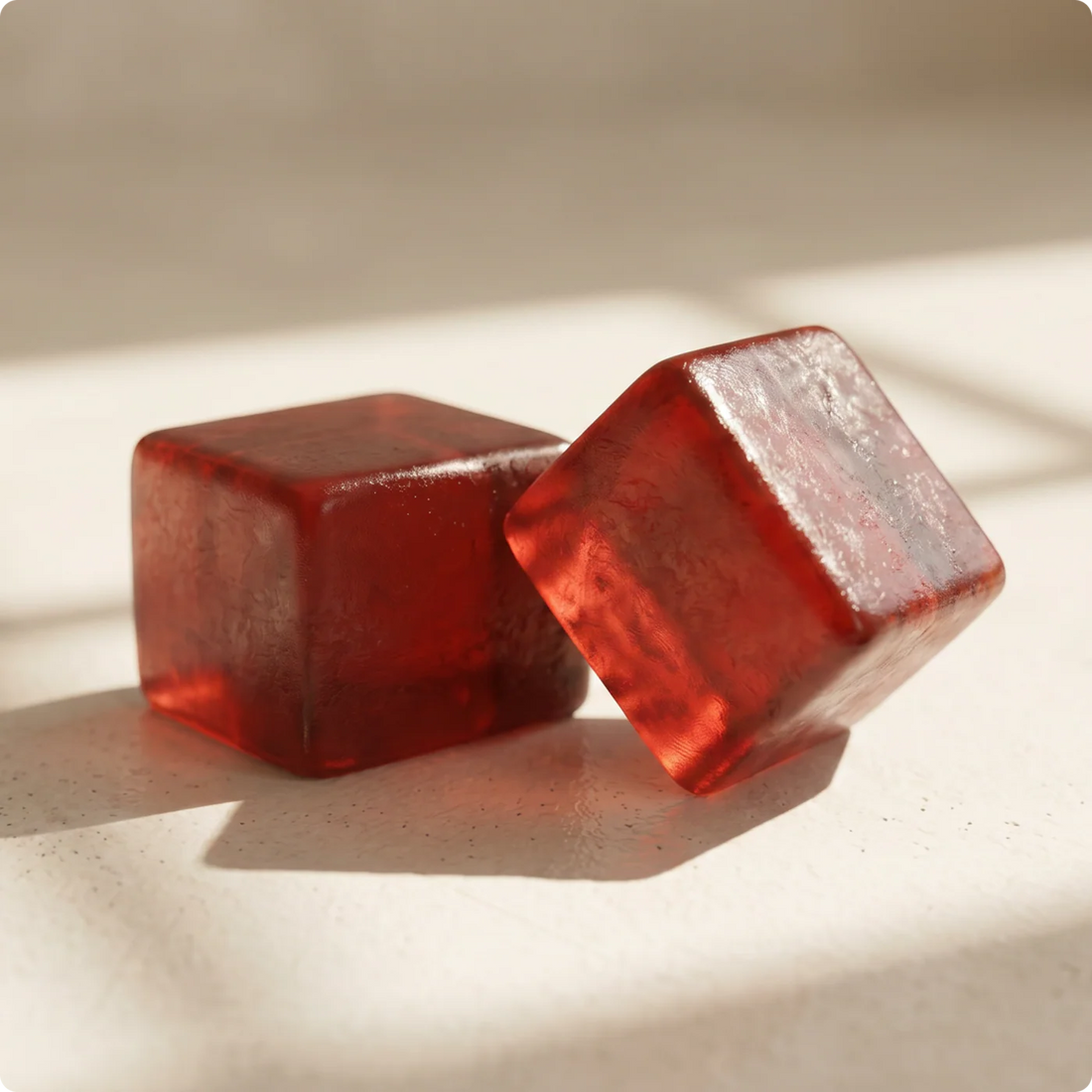 Two translucent red cube-shaped gummies resting on a light beige surface with soft window-light shadows.